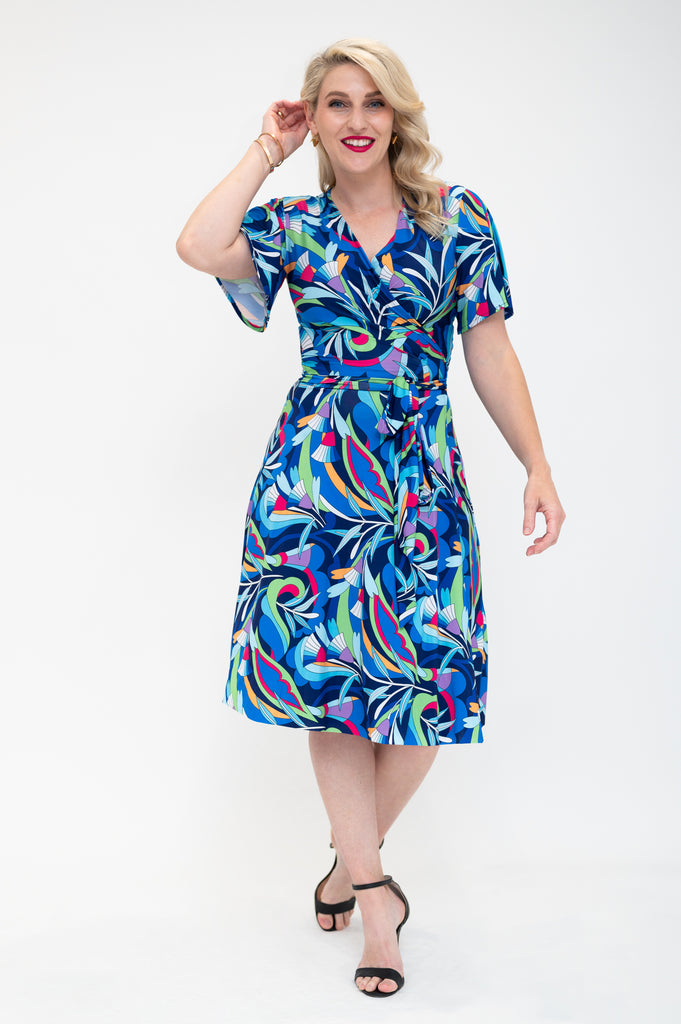 knee length wrap dress with flutter sleeves  blue 