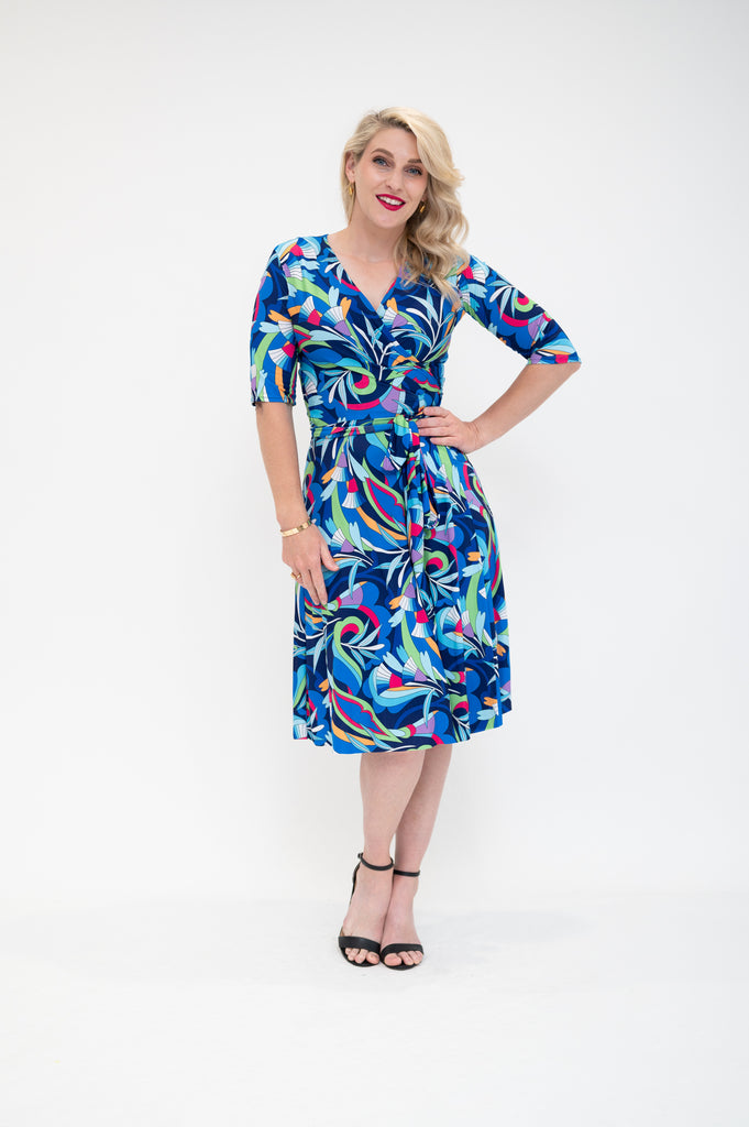 knee length  wrap dress with 3/4 sleeves blue