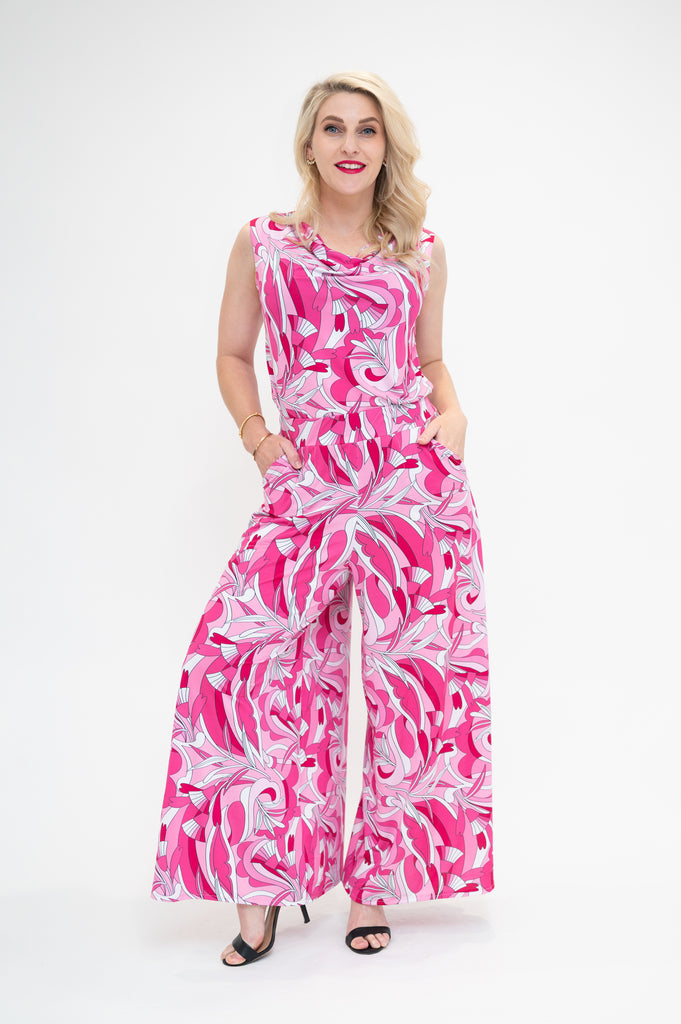 pink long palazzo pants in blue retro print 