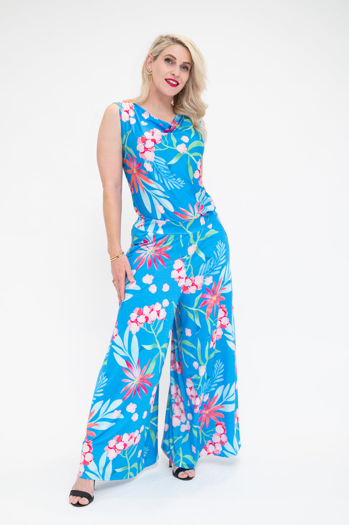 Hydrangea Palazzo wide leg flare pants in a regular length blue blue sleeveless 