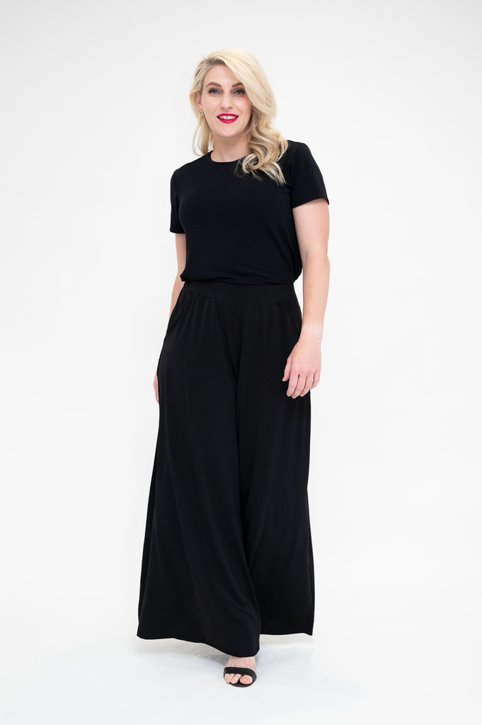Back Palazzo wide leg flare pants in a long length available in Plus size pants with black shirt 