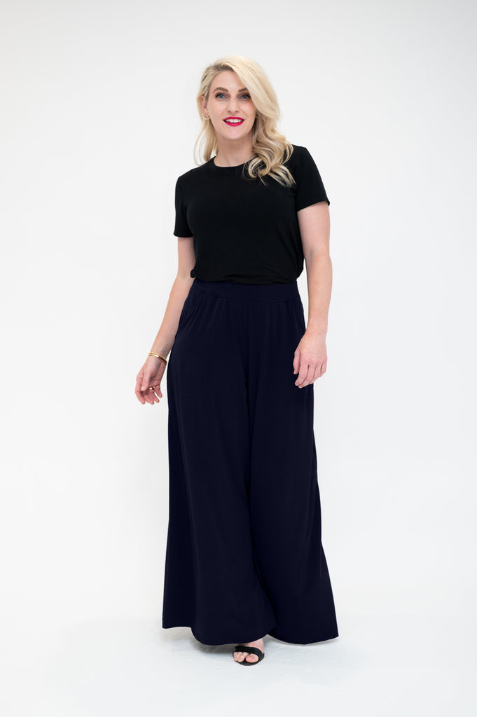 front Palazzo wide leg flare pants in a navy long  length available in Plus size pants 