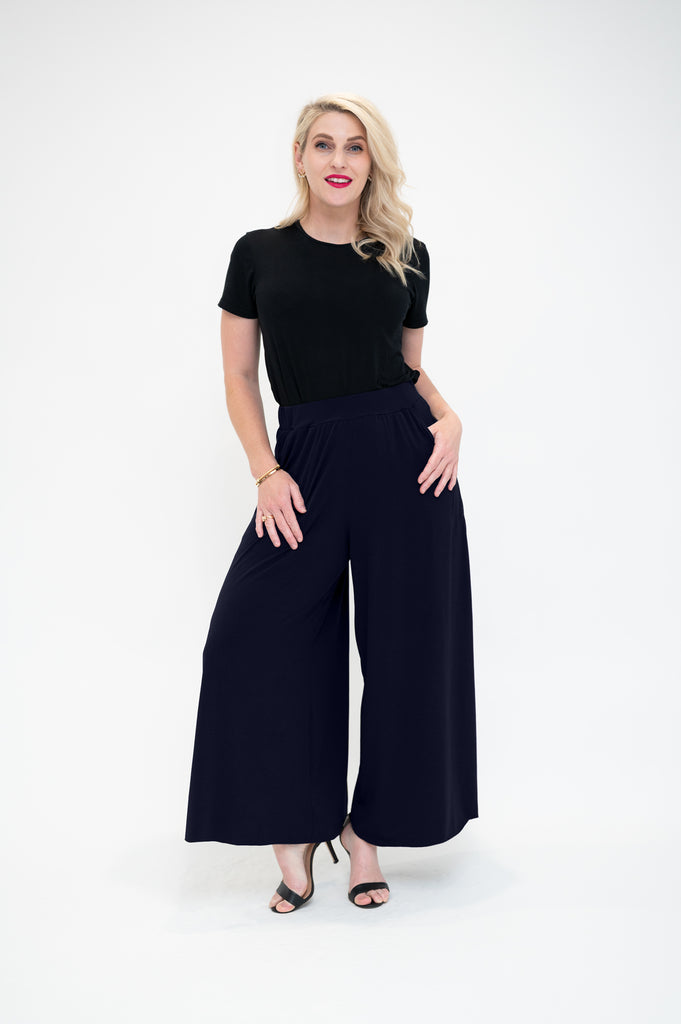 front Palazzo wide leg flare pants in a navy regular  length available in Plus size pants 