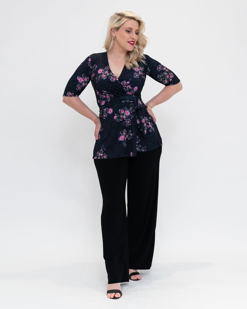wrap top in jasmine print with 3/4 sleeve 