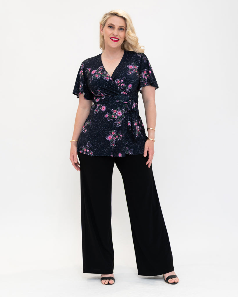 wrap top in jasmine print with flutter sleeve 