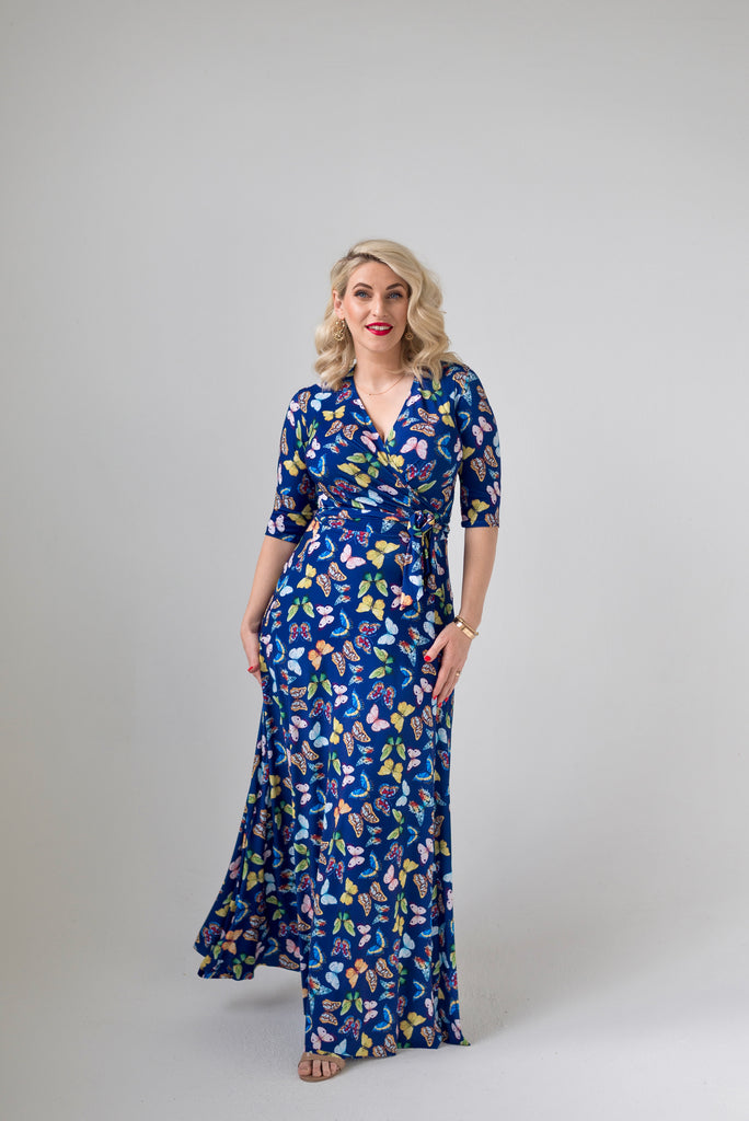 Butterfly themed  Wrap dress is available in regular and plus size dress options - this variant is a maxi 3/4 sleeve 