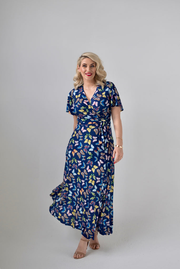 Butterfly themed  Wrap dress is available in regular and plus size dress options - this variant is a midi flutter sleeve 