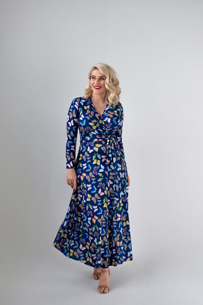 Butterfly themed  Wrap dress is available in regular and plus size dress options - this variant is a midi winter sleeve  sleeve 