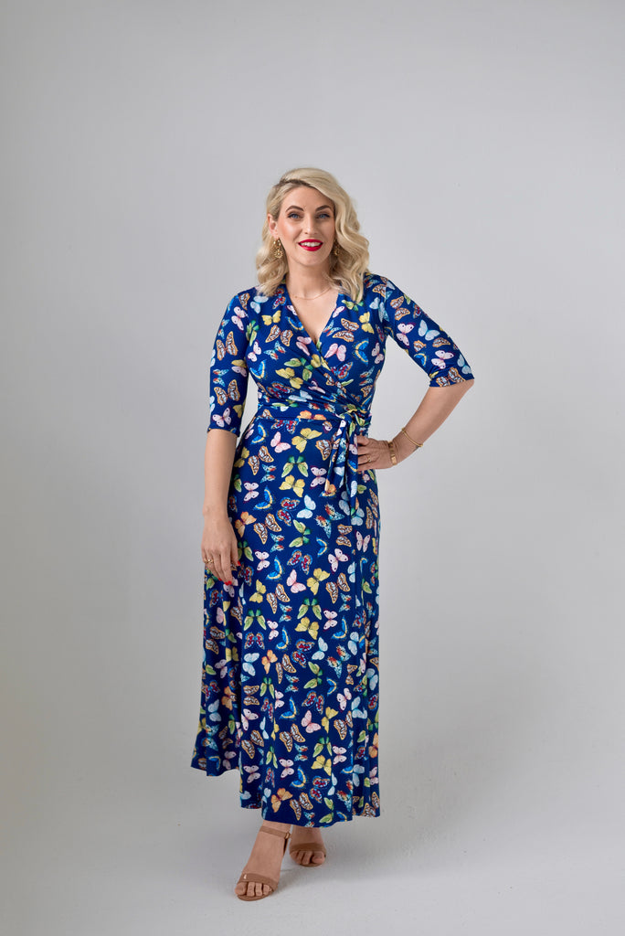 Butterfly themed  Wrap dress is available in regular and plus size dress options - this variant is a midi  3/4 sleeve 