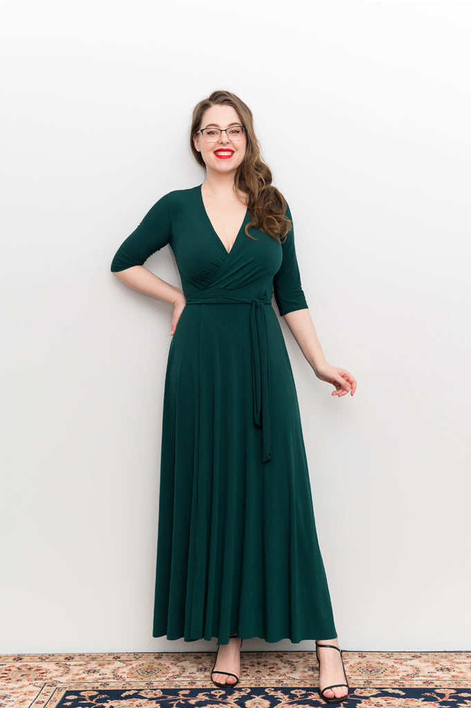 green Wrap dress is available in regular and plus size dress options - this variant is a maxi 3/4 sleeve