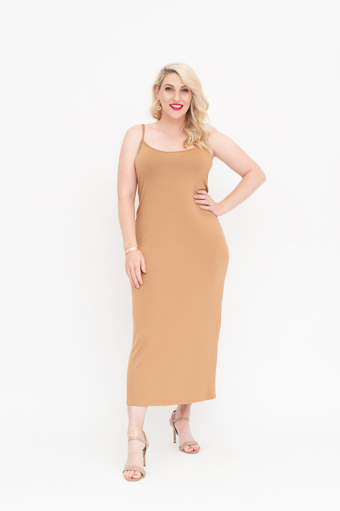 Midi slip dress in hazelnut 