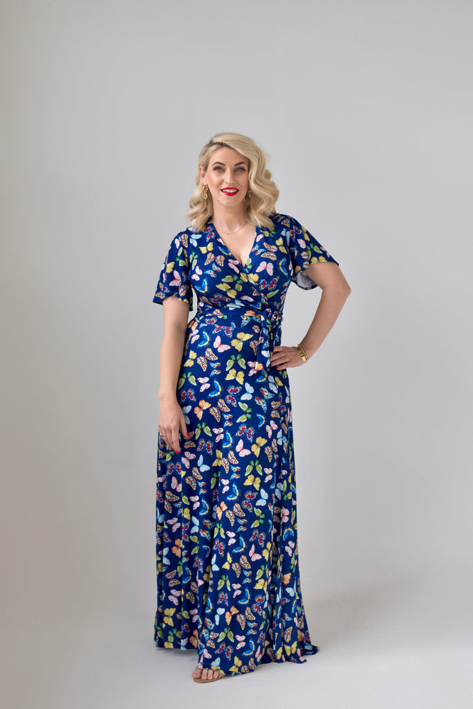 Butterfly themed  Wrap dress is available in regular and plus size dress options - this variant is a maxi flutter sleeve 