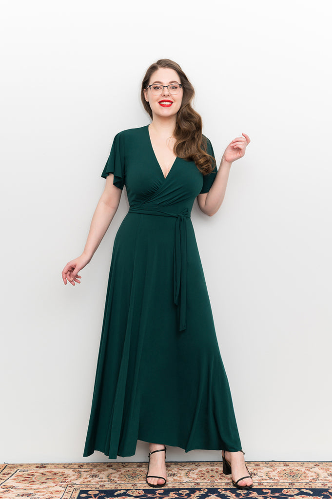 green Wrap dress is available in regular and plus size dress options - this variant is a maxi flutter sleeve 