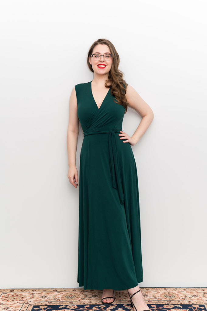 green Wrap dress is available in regular and plus size dress options - this variant is a maxi no sleeve