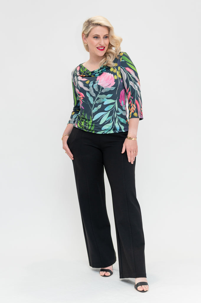 Claire Cowl neck top is available in regular and plus size dress options this variant is a 3/4 sleeve front view
