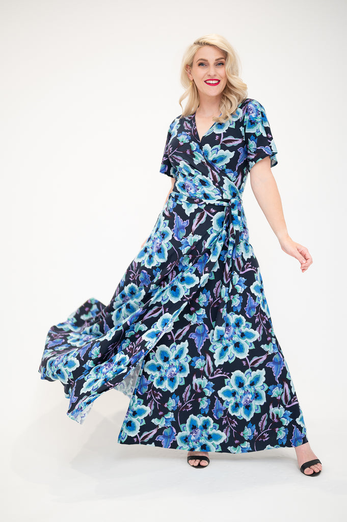 Wrap dress is available in regular and plus size dress options  flower and front version 