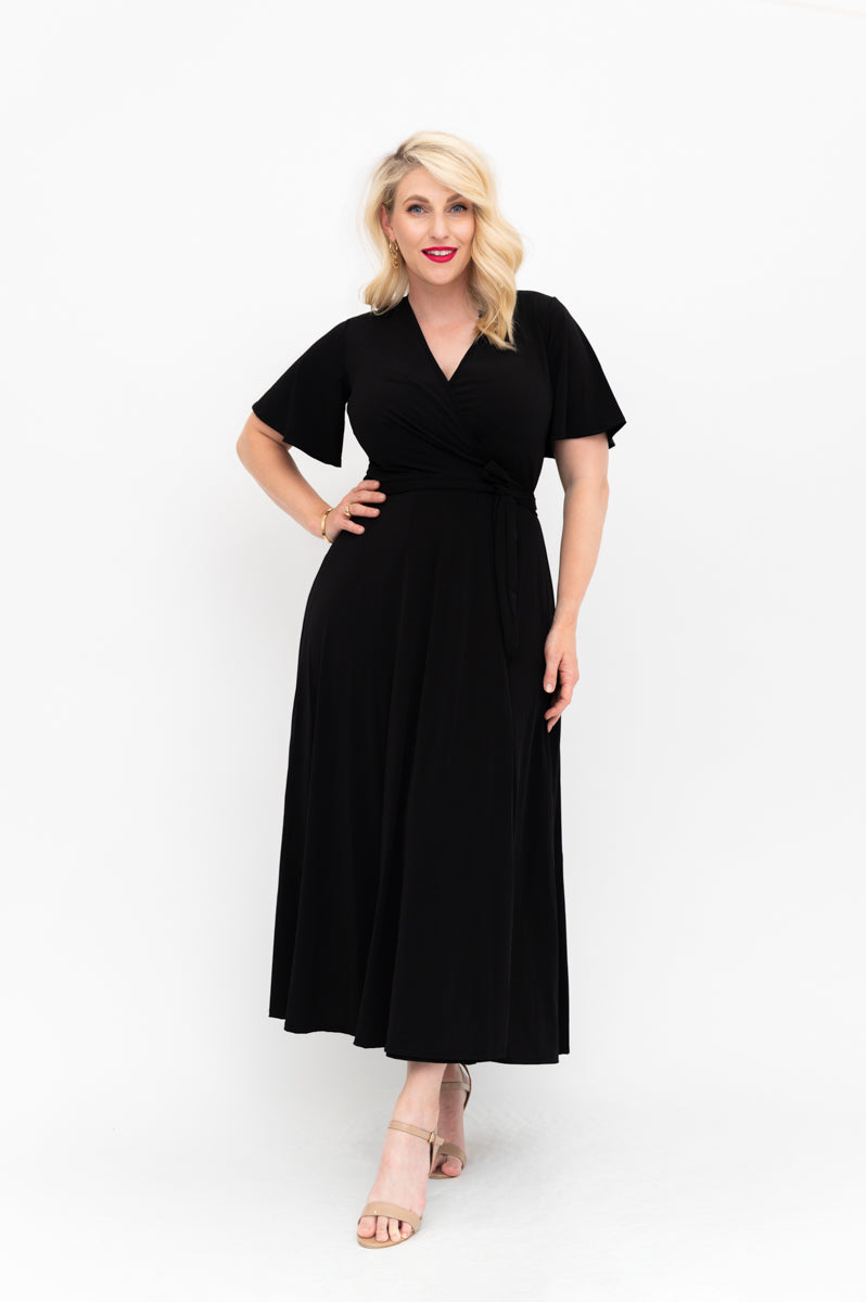 Black Wrap Jersey Dress in knee, midi and maxi By Samantha | Size 6-22 BY SAMANTHA MELBOURNE Black Wrap Jersey Dress in knee, midi and maxi By Samantha | Size 6-22 BY SAMANTHA MELBOURNE