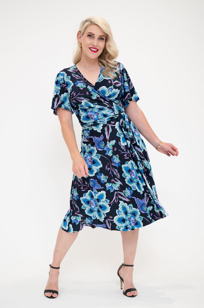 flutter sleeve knee length Wrap dress is available in regular and plus size dress options 
