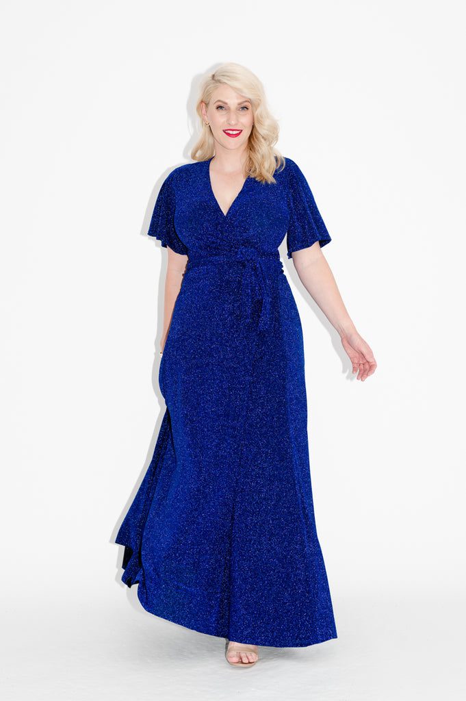 long Sparkly Wrap dress in blue with is available in regular and plus size dress options