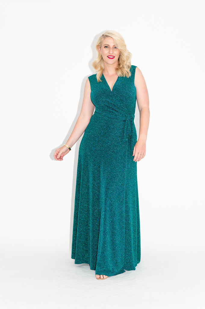 Sparkly Wrap dress in green with is available in regular and plus size dress options one sleeves