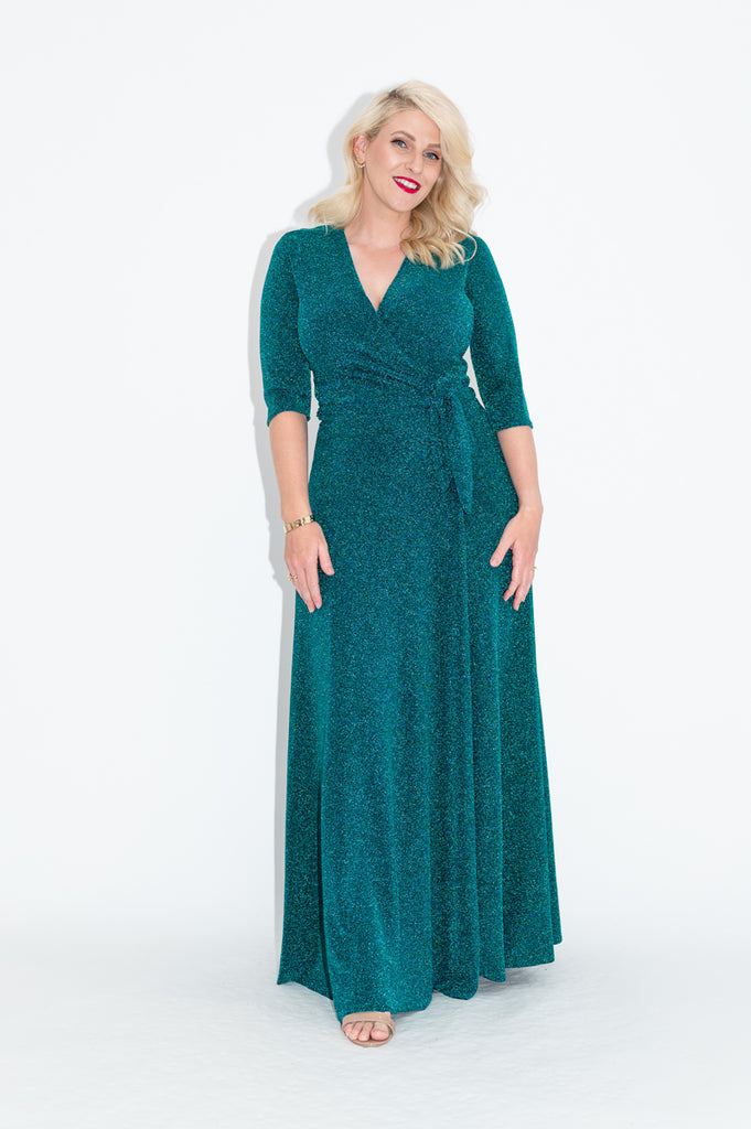 Sparkly Wrap dress in green with is available in regular and plus size dress options with maxi option 