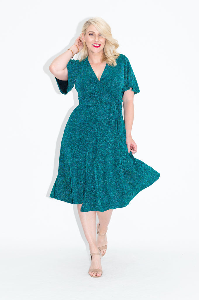 flutter sleeve Sparkly Wrap dress in green with is available in regular and plus size dress options