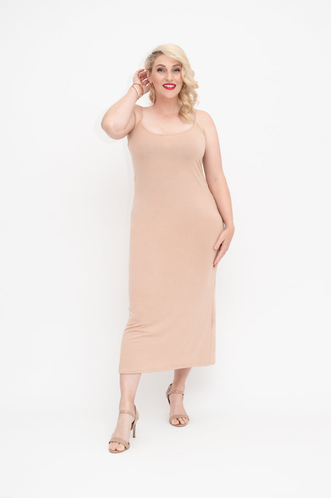 beige long Slip  dress is available in regular and plus size dress options