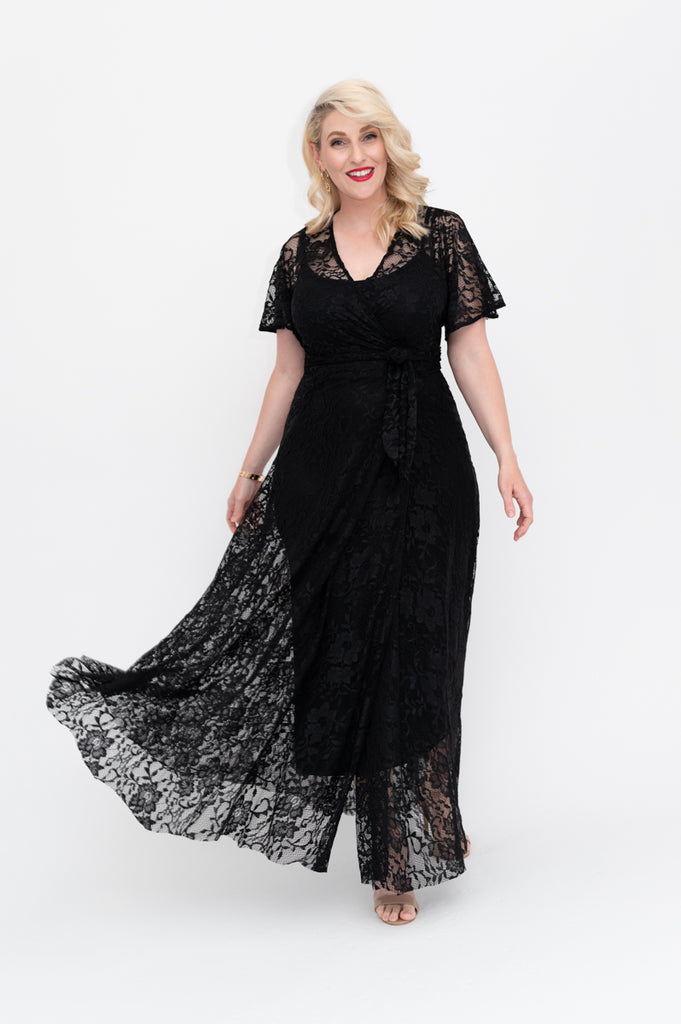 Wrap dress is available in regular and plus size dress options  flutter sleeve maxi 