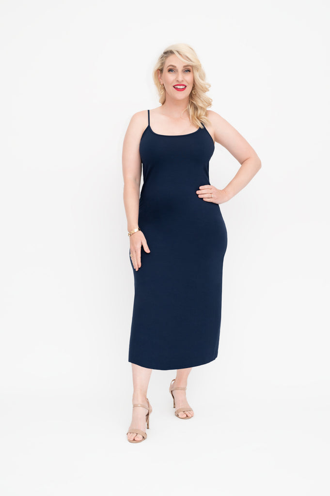 Navy Slip  dress is available in regular and plus size dress options