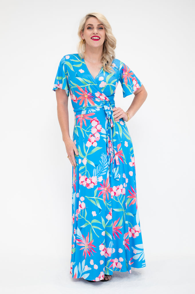 hydrangea themed  Wrap dress is available in regular and plus size dress options - this variant is a maxi flutter sleeve 