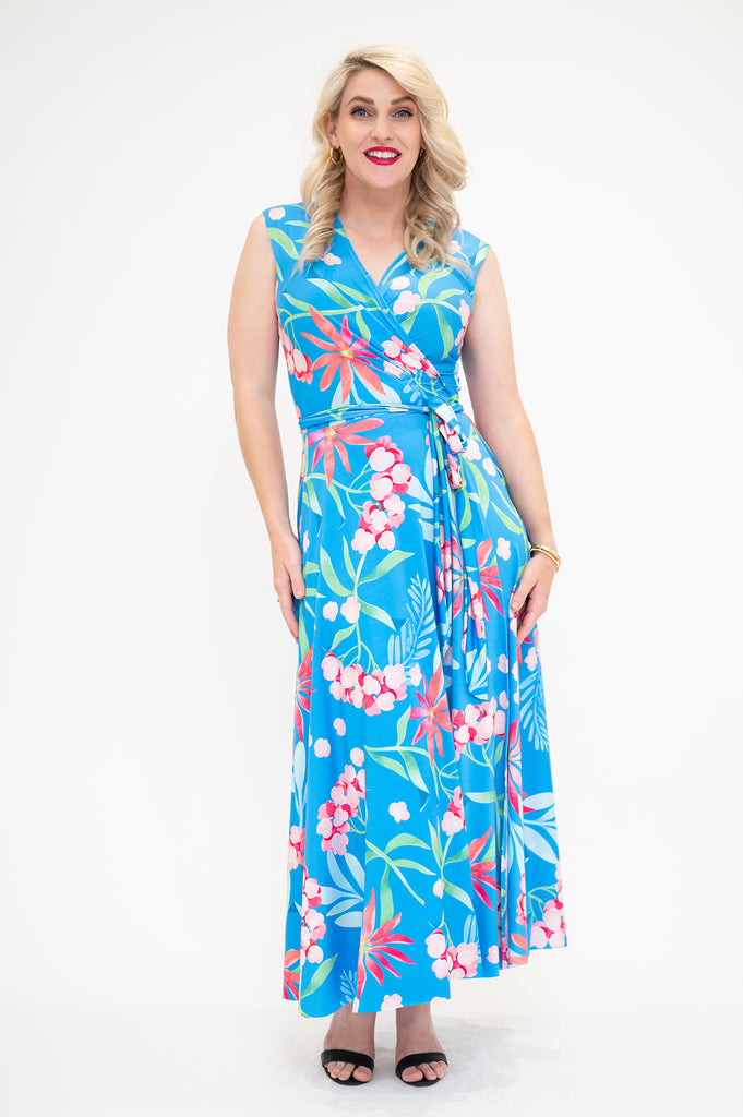 hydrangea themed  Wrap dress is available in regular and plus size dress options - this variant is a midi no sleeve 