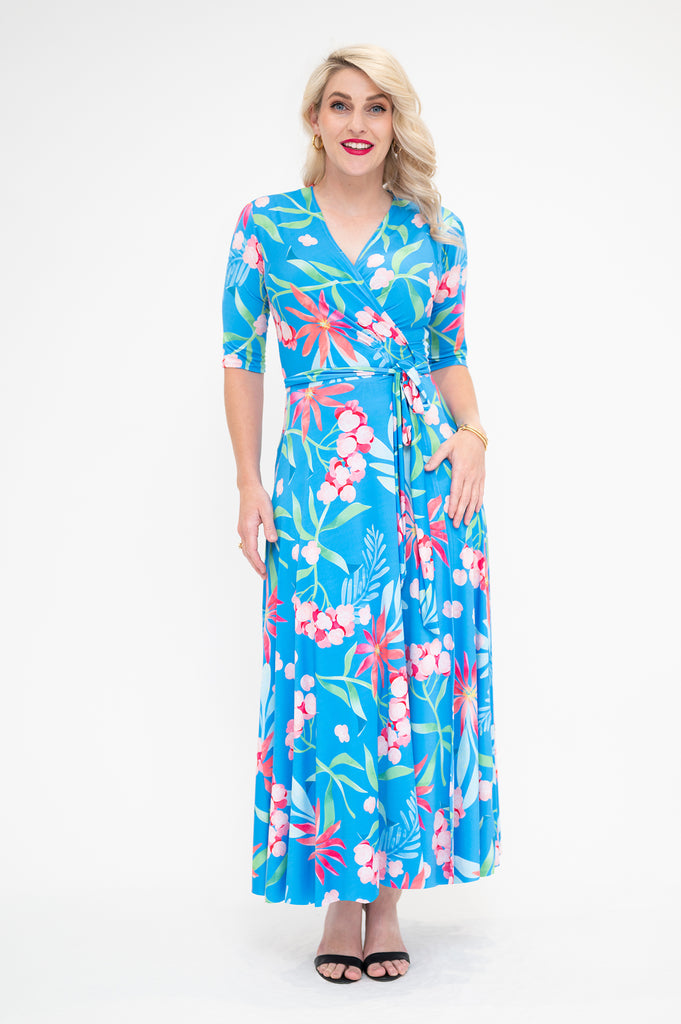 hydrangea themed  Wrap dress is available in regular and plus size dress options - this variant is a midi 3/4 sleeve 