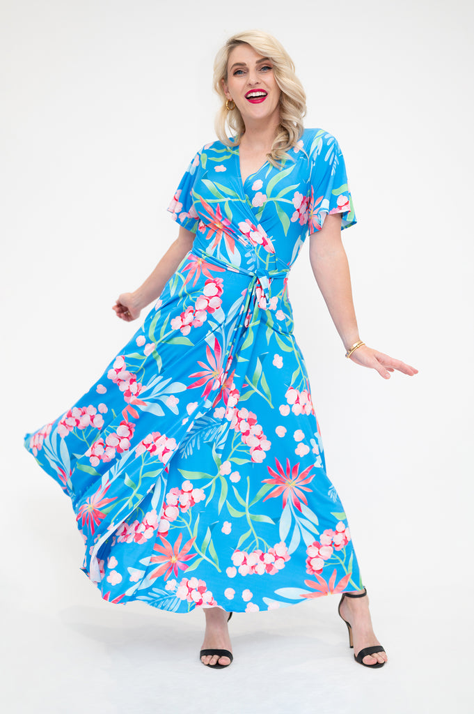 hydrangea themed  Wrap dress is available in regular and plus size dress options - this variant is a midi flutter sleeve 