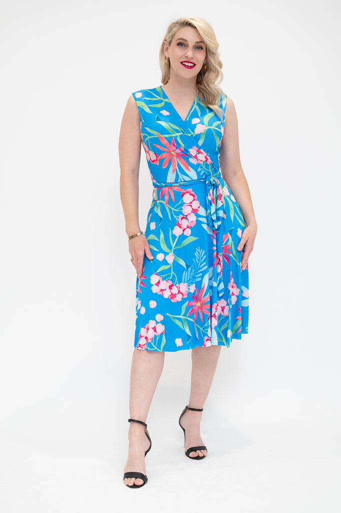 hydrangea themed  Wrap dress is available in regular and plus size dress options - this variant is a knee length  no sleeve 
