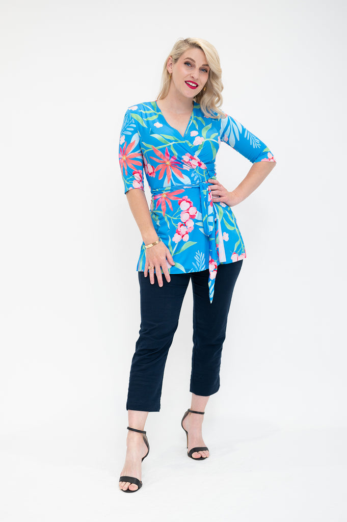  hydrangea Wrap top is available in regular and plus size dress options this variant is the 3/4 sleeve