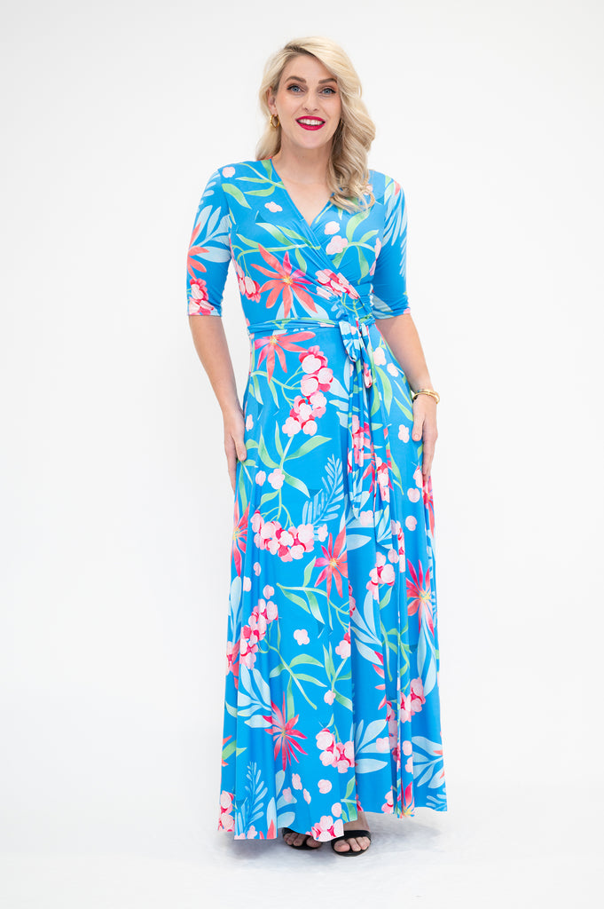 hydrangea themed  Wrap dress is available in regular and plus size dress options - this variant is a maxi 3/4 sleeve 