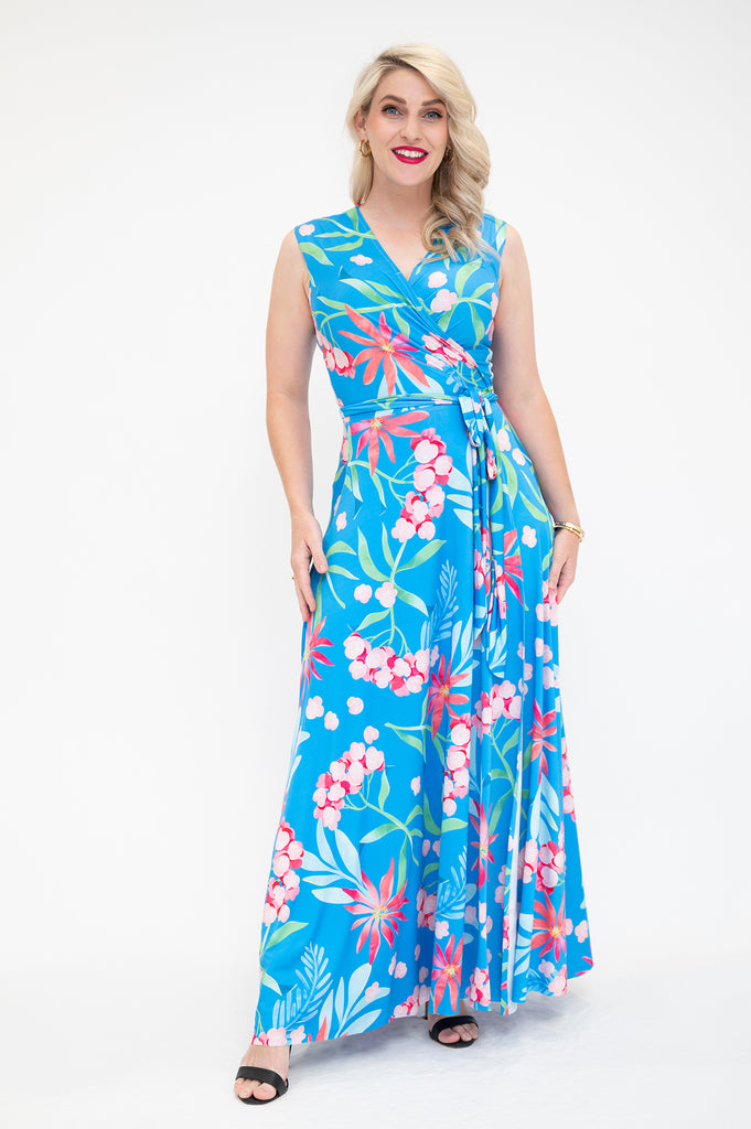 hydrangea themed  Wrap dress is available in regular and plus size dress options - this variant is a maxi no sleeve 