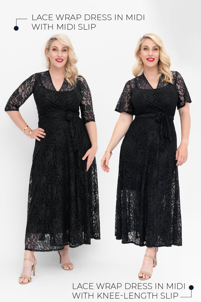 black lace cocktail wrap dress  midi 