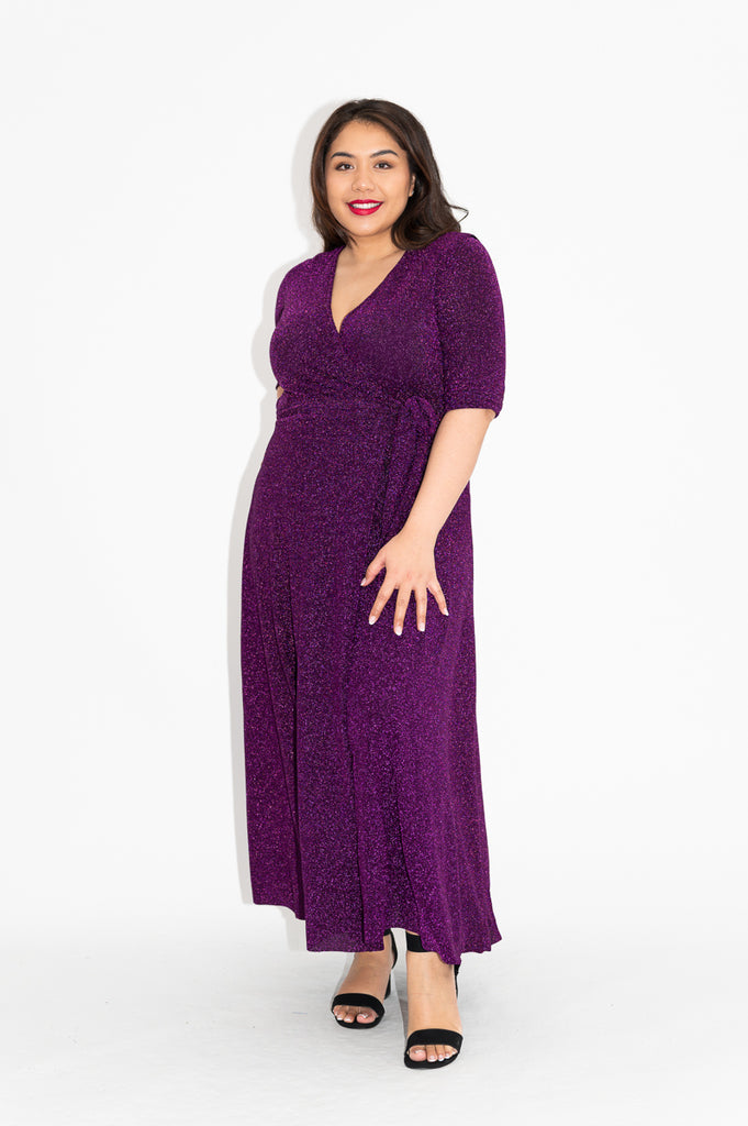 Wrap dress is available in regular and plus size dress options  metallic purple sparkly dress   3/4 sleeve midi