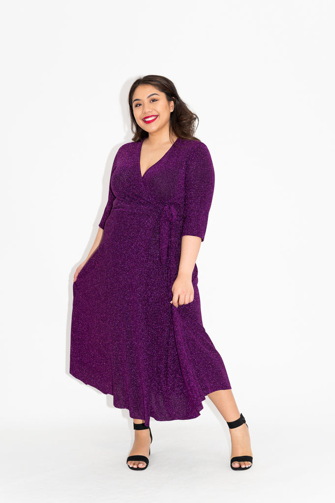 Wrap dress is available in regular and plus size dress options  sparkly wrap dress in midi with 3/4 sleeve 