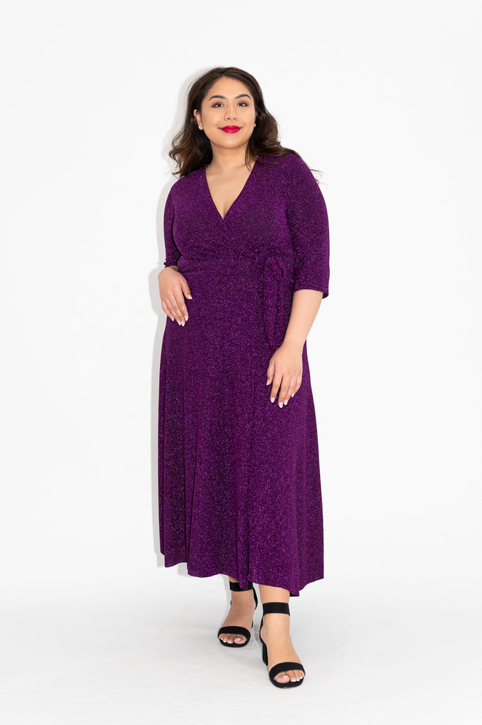 Wrap dress is available in regular and plus size dress options  sparkly wrap dress in midi with 3/4 sleeve  front 
