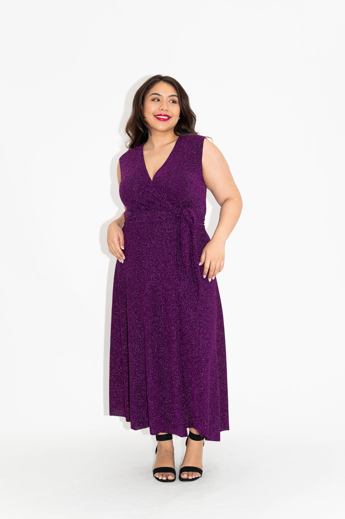 Wrap dress is available in regular and plus size dress options  sparkly wrap dress in midi with  no  sleeve  