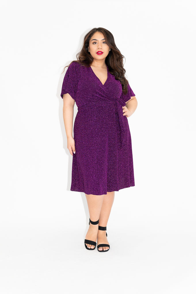 Wrap dress is available in regular and plus size dress options  sparkly wrap dress in knee length with 3/4 sleeve 