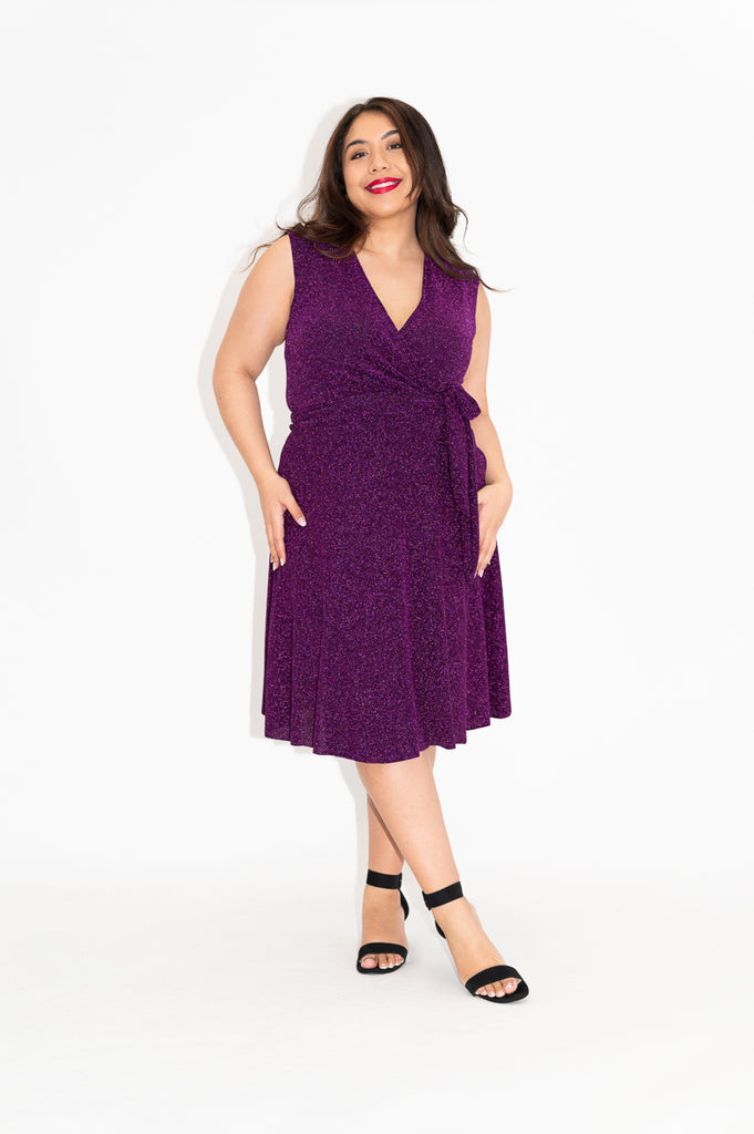 Wrap dress is available in regular and plus size dress options  sparkly wrap dress in knee length  with no sleeve  front  pretty