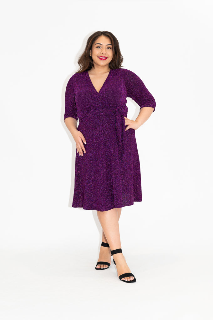 Wrap dress is available in regular and plus size dress options  sparkly wrap dress in knee length  with 3/4 sleeve  