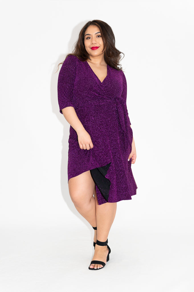 Wrap dress is available in regular and plus size dress options  sparkly wrap dress in knee length  with 3/4 sleeve   fun and flirty