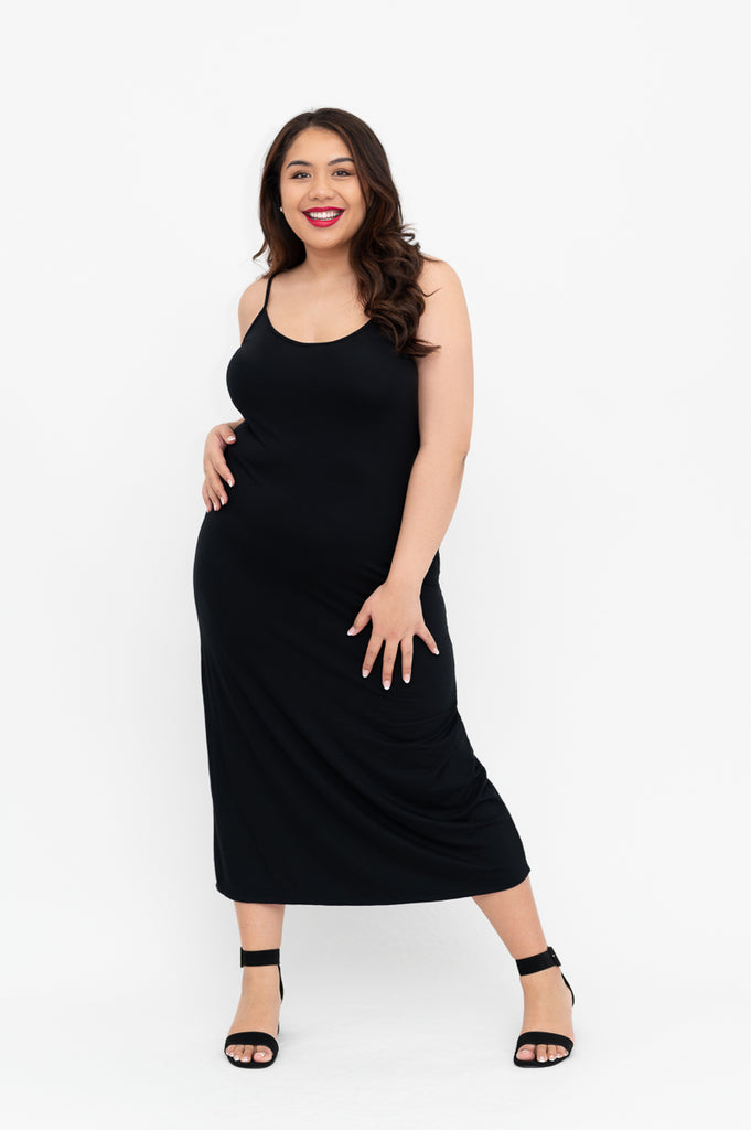 black midi Slip dress is available in regular and plus size dress options  with cocktail shoes 
