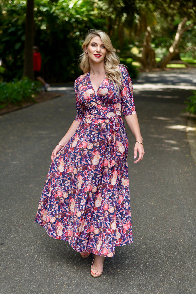 Wrap dress is available in regular and plus size dress options  3/4 sleeve maxi 