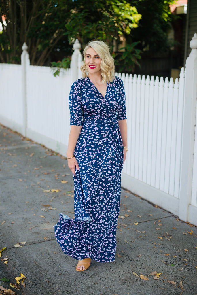 Wrap dress is available in regular and plus size dress options  maxi with 3/4 sleeve 