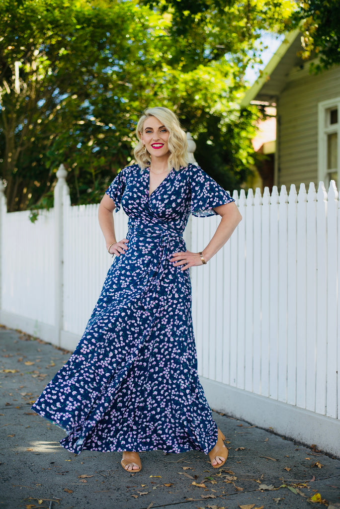 Wrap dress is available in regular and plus size dress options  flutter sleeve wrap dress maxi